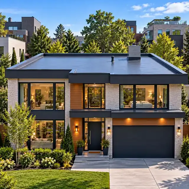 Modern two-story house with a flat roof and landscaped surroundings