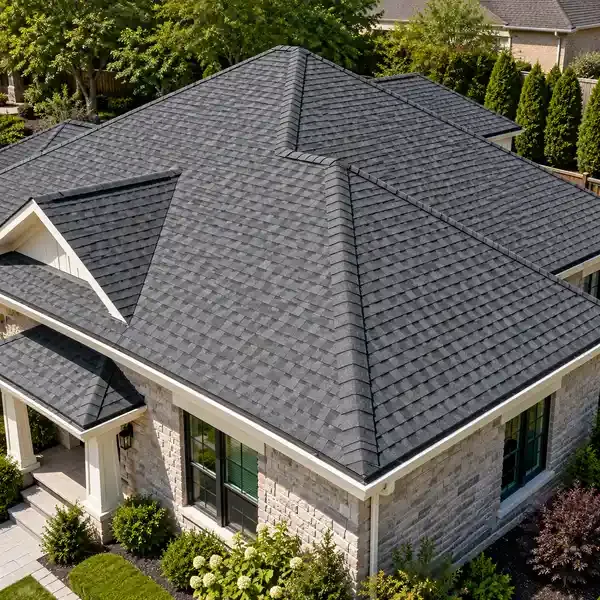 Asphalt shingle hip roof with charcoal gray shingles on a residential home