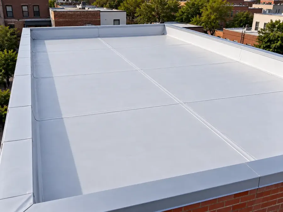 Smooth white TPO membrane on a repaired flat commercial roof.