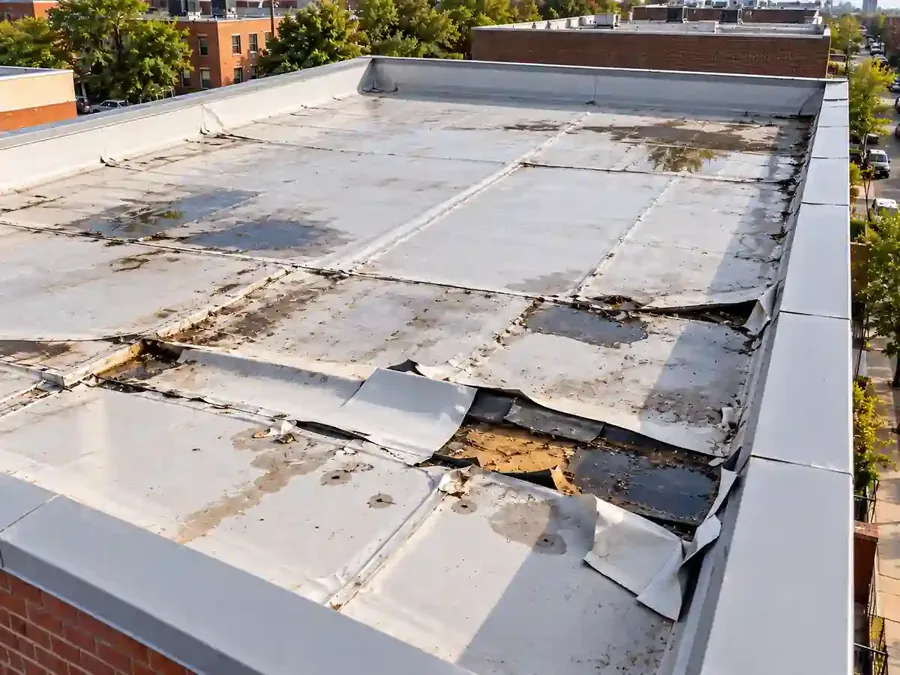 Torn TPO membrane with exposed roof insulation